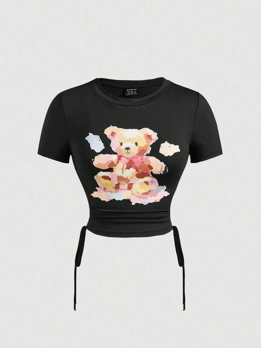 SHEIN MOD 女士可爱图案短袖 T 恤，腰部抽绳系带蝴蝶结，粉色和米色油画风格可爱熊腰带松紧带，有趣的米色，舒适的夏季 T 恤 - 黑色 - 查看 1