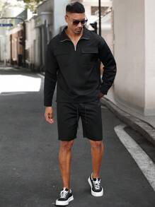 Manfinity Homme 2 Stücke Herren-Set aus langärmligem Hemd Einfarbig mit Reißverschluss und Shorts mit Tasche, Lässiger Outfit - Schwarz - Übersicht 3
