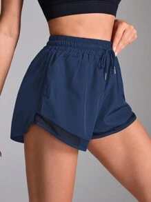 SHEIN Sports Women's Navy Waistband Drawstring Mesh Contrast Sports ShortsWomen Sweat Short, Gym Short, Biker Short Comfy Short