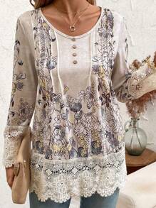 EMERY ROSE Women's Spring/Summer Floral Printed Contrast Lace Round Neck Long Sleeve T-Shirt - Multicolor - View 1