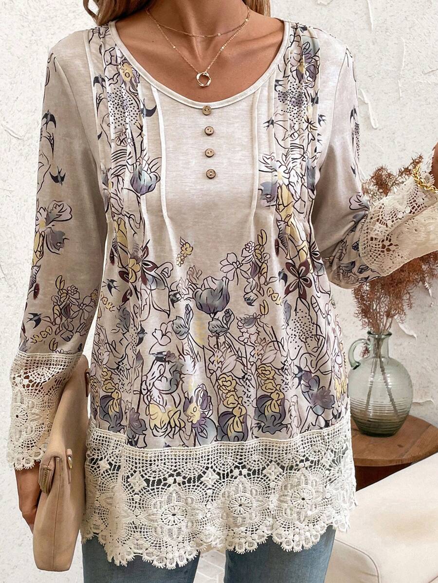 EMERY ROSE Women's Spring/Summer Floral Printed Contrast Lace Round Neck Long Sleeve T-Shirt - Multicolor - View 1