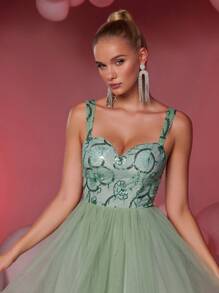 SHEIN Belle Elegant Glamorous Cute Olive Green Spaghetti Strap Sequin Lace Contrast Mesh Tulle Pleated Cocktail Party Dress