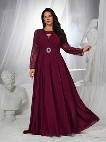 SHEIN Belle Burgundy Red Plus Size Burgundy Red Hollow Out Sequin Fabric Elegant Mother Of Bride Formal Dress