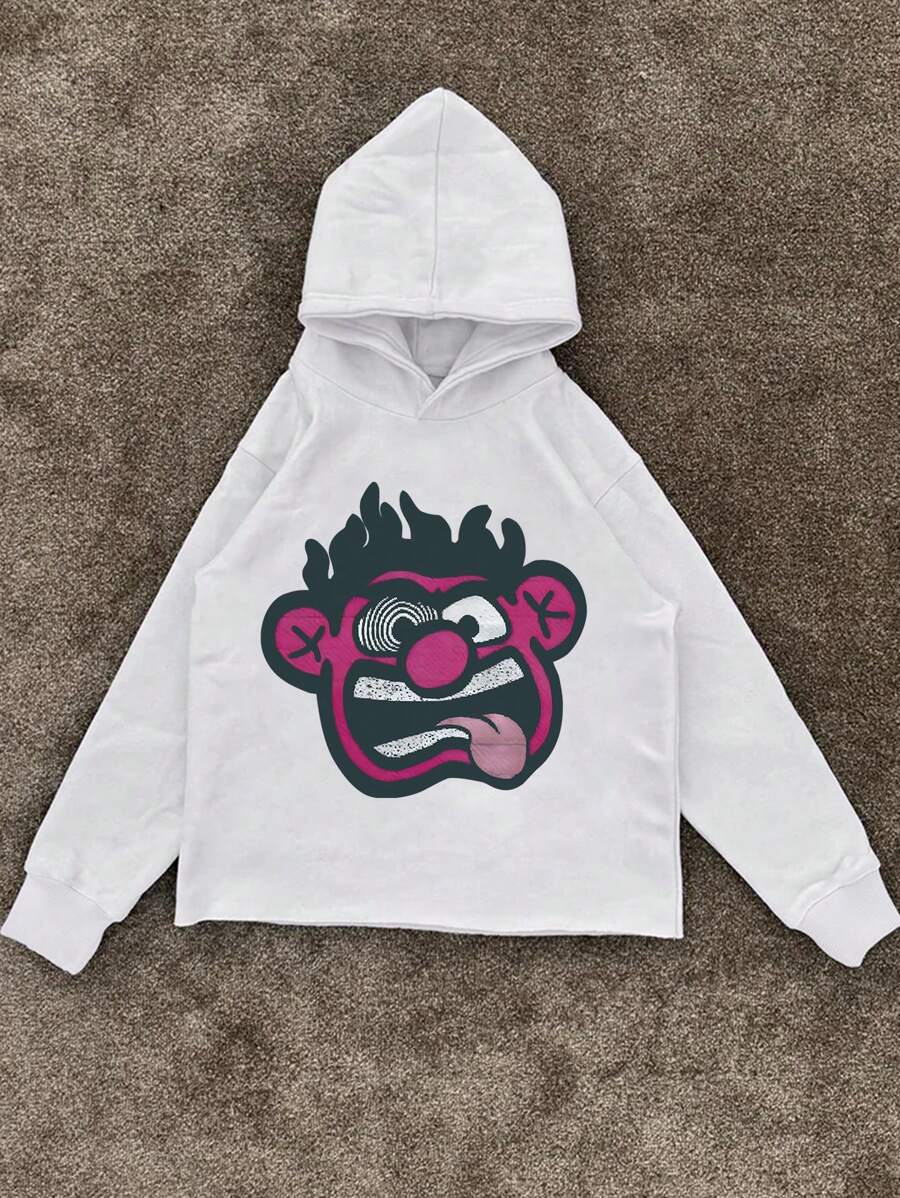 Manfinity Dauomo Men's Casual Cartoon Print Long Sleeve Loose Fit Pullover Hoodie, Spring Autumn - White - View 1