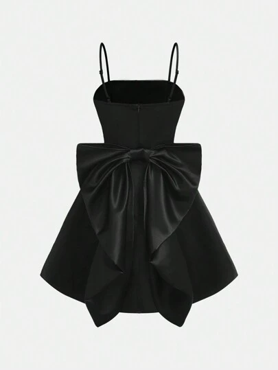 SHEIN Girlism 少女编织纯色缎面露背可拆卸蝴蝶结肩带休闲背心裙