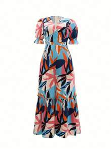 SHEIN Unity Allover Print Flounce Sleeve Ruffle Hem Dress Maxi Women Outfit - Multicolor - View 3