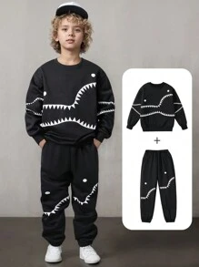 2pcs Tween Boy Funny Shark Teeth Print Hooded Sweatshirt And Print Sweatpants Set, Autumn/Winter - Black - View 1
