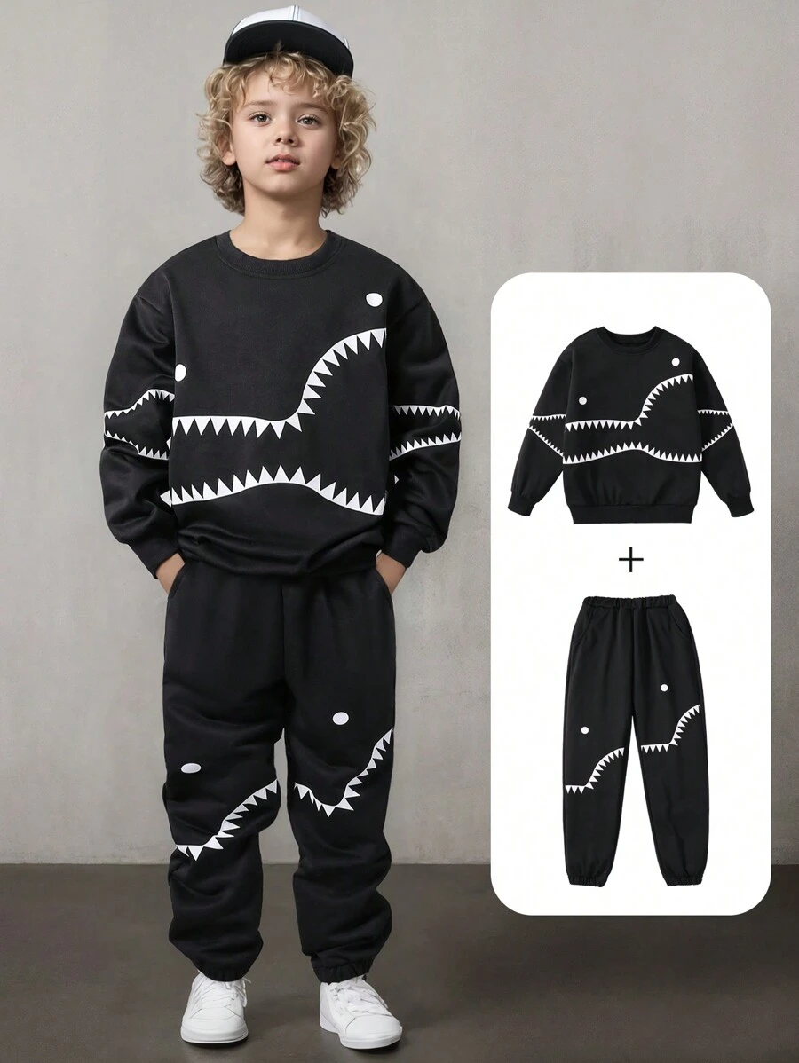 2pcs Tween Boy Funny Shark Teeth Print Hooded Sweatshirt And Print Sweatpants Set, Autumn/Winter - Black - View 1