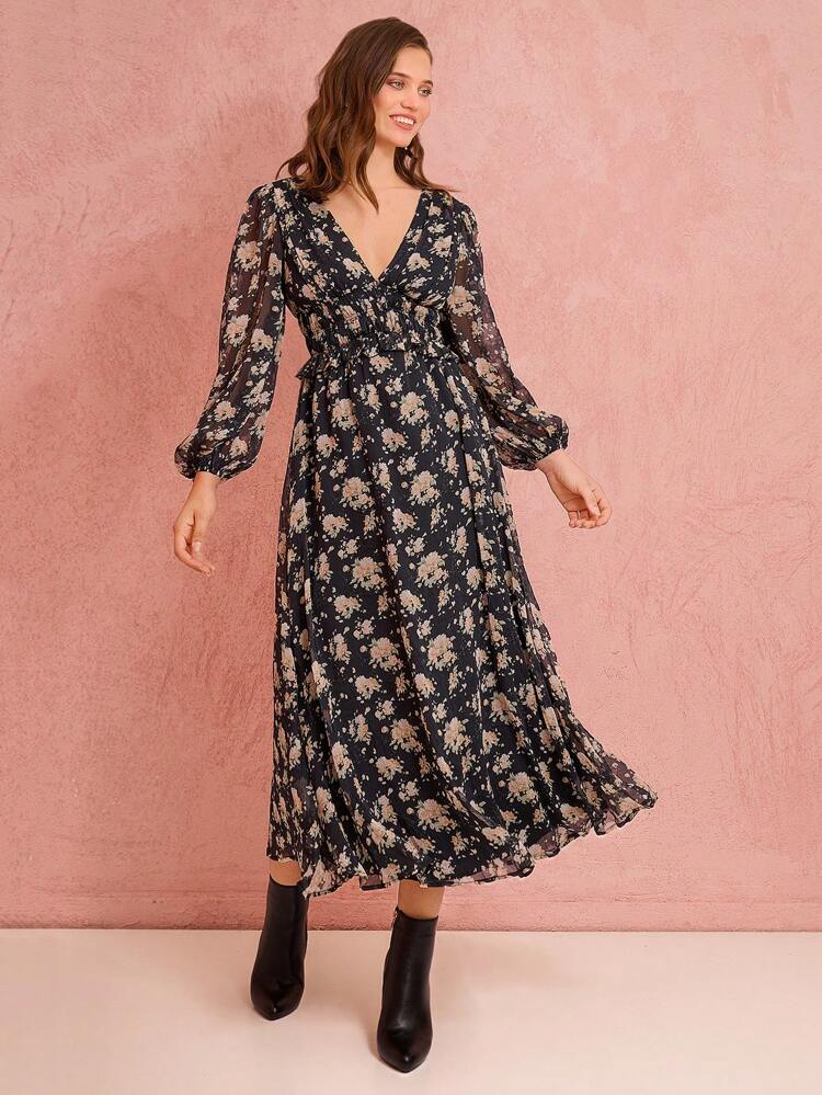 Romantic Fall Holiday Elegant Black Floral All-Over Print Lantern Sleeve Ladies Dress, Teacher Clothes&Date