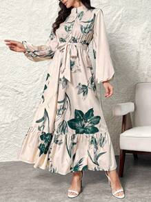 Modelyn Women's Floral Print Stand Collar Lantern Sleeve Ruffle Hem Maxi Arabic Long Modest Elegant Dress, Modest Elegant Style For Casual Daily/Travel/Holiday/Vacation/Parties - Multicolor - View 6