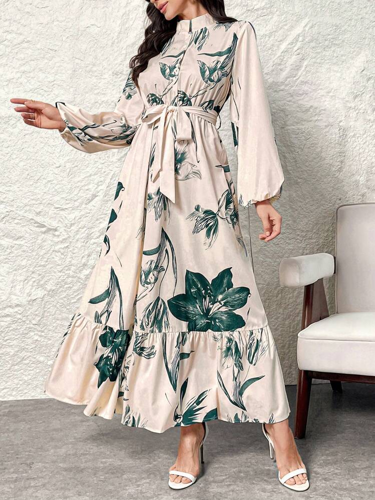 Modelyn 女式花卉印花立领灯笼袖荷叶边下摆超长阿拉伯长款端庄优雅连衣裙，端庄优雅风格适合日常休闲/旅游/假日/度假/派对 - 彩色 - 查看 6