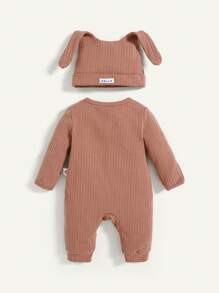 Cozy Pixies 2 件套新生儿男童装饰针织帽和长袖连体衣 - 卡其色 - 查看 2