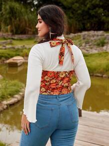 SHEIN MOD Top tipo tank con cuello halter, de talla grande, con estampado floral retro hippie, parches de encaje - Multicolor - Ver 6