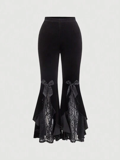 SHEIN MOD 大码女士复古黑色蕾丝拼接蝴蝶结喇叭裤，
