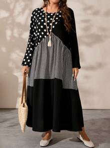 EMERY ROSE Plus Size Crew Neck Long Sleeve Polka Dot & Plaid Contrast Color Charming Fall Dress