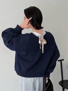 女士休闲露背蝴蝶结抓绒毛衣，秋冬季，保暖内衬 - 藏蓝色 - 查看 10