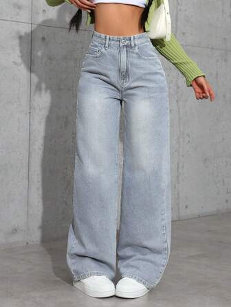 Jeanoix Women's Pocketed Wide Leg Relaxed Casual Denim Jeans