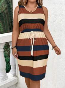 EMERY ROSE Plus Size Casual Colorblock Striped Sleeveless Waisted Dress For Summer - Brown - View 4