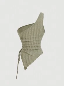 SHEIN MOD Top casual smanicato plissettato asimmetrico, top da donna per Ognissanti, top casual da spiaggia, in stile western, top casual per uscire, top casual da ufficio, outfit da concerto per donne, outfit sexy, outfit per festival rave - Verde militare - Visualizzare 3