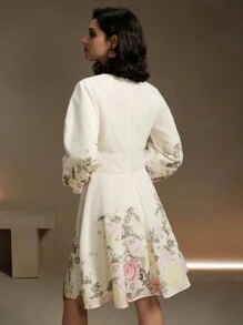Anewsta Floral Print Long Sleeve Linen-Like Dress, Spring Summer