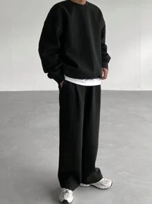 DAZY 2pcs Men's Solid Color Crew Neck Tracksuit Sweatshirt And Pocket Sweatpants Casual Black Set For Fall - Black - View 1