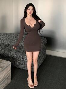 DAZY Đầm suông dài tay tối giản màu trơn dành cho nữ, Đầm thu - Cà phê - Xem 6