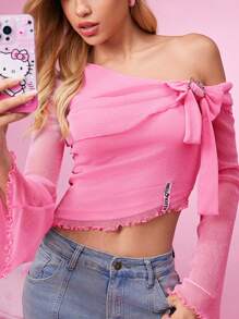 HELLO KITTY AND FRIENDS | SHEIN 女士闪亮不对称肩部喇叭袖蝴蝶结细节生菜边短款上衣 - 粉色 - 查看 3