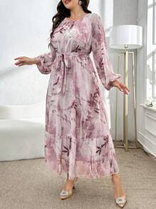 Modelyn Plus Size Round Neck Long Sleeve Allover Print Waist Tie Elegant Dress, Full Cover Dress For Casual Daily/Work/Holiday/Evening Parties/Wedding Guest Long Evening Dresses