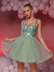 SHEIN Belle Elegant Glamorous Cute Olive Green Spaghetti Strap Sequin Lace Contrast Mesh Tulle Pleated Cocktail Party Dress