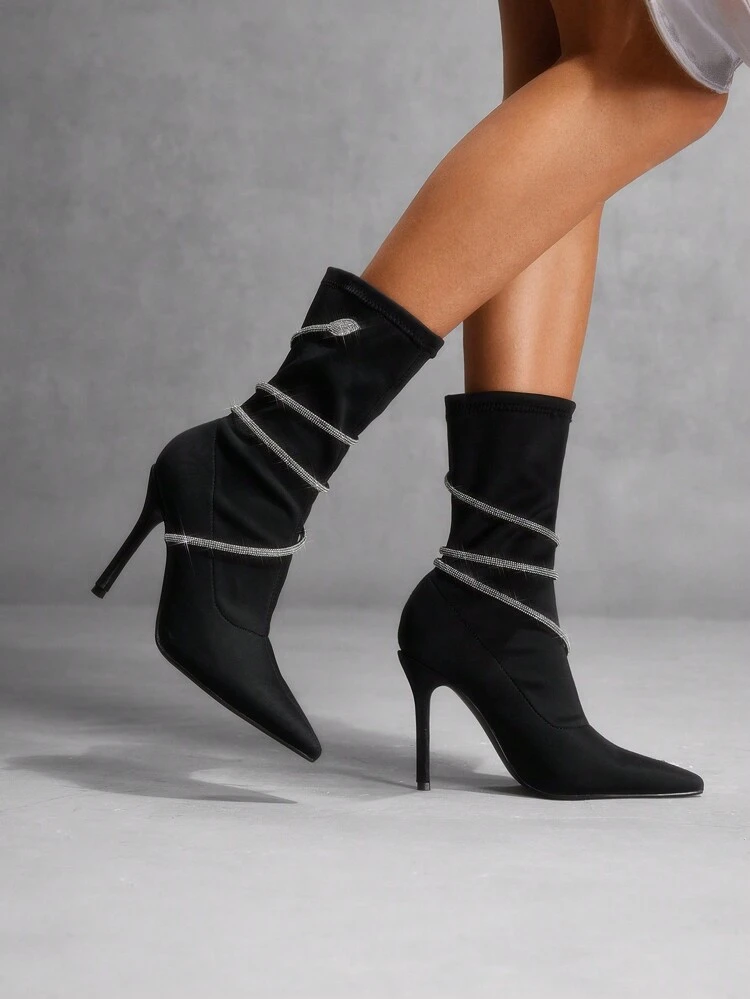 CUCCOO SZL Chaussettes de bottes élastiques noires ornées de strass en forme de serpent pour femme. Nouveau style polyvalent d'ajustement slim pour les bottes d'Halloween sorcière, fête d'Halloween, automne, Noël et Nouvel An
