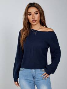 SHEIN PETITE Pullover Slanted Shoulder Ribbed Women's Sweater,Long Sleeve Tops