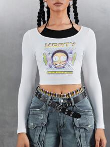 Rick and Morty X SHEIN Women's Cartoon Character & Slogan Print 2 In 1 Fitted Cropped T-Shirt, Graphic Tee - White - View 4