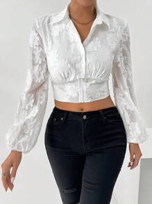 SHEIN x Carly Lawrence Chiquease 女士纯色前扣、腰部收紧、灯笼袖、提花长袖衬衫