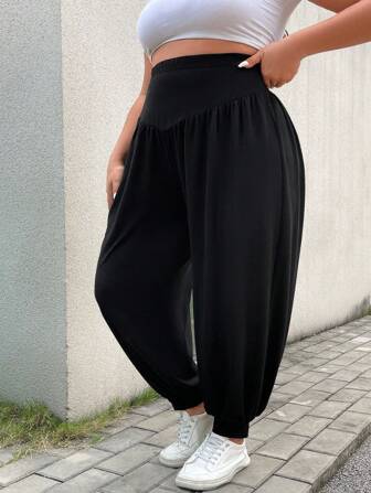 SHEIN CURVE+ 大码黑色休闲慢跑裤