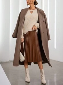 GENKIRA Suéter de tejido suelto y suave con diseño calado, jersey de punto para otoño e invierno - Caqui - Ver 3