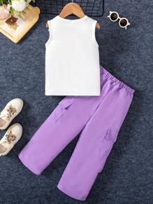 SHEIN 2pcs/Set Girls Summer Casual Orange Cargo Pants And Printed Sleeveless Top Outfit - Purple - View 2