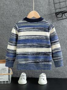 Suéter de niño, con patrones a rayas de colores en bloque, tejido, disponible en azul marino, azul oscuro, negro y blanco, adecuado para uso casual, fiestas y diversas ocasiones.