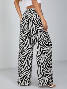 SHEIN PETITE Women's Fashionable Animal Print Zebra Print Wide Leg Pants - Black - View 2