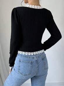 Chiquease Chaqueta con cremallera de manga abullonada, parches de encaje, para mujer primavera y otoño - Negro - Ver 2