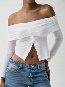 Chiquease Ladies Casual Elegant Off The Shoulder Long Sleeve Solid Color T-Shirt - White - View 3