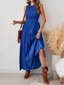 SHEIN VCAY Women Crew Neck Sleeveless Pleated Elegant Fashion Graceful Dress,Fall Women Outfits,Fall Women Clothes Dress,Woman Jeans Dresses