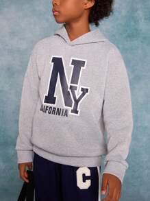 SHEIN Tween Boy Loose Fit Letter Graphic Hoodie Sweatshirt - Light Grey - View 3