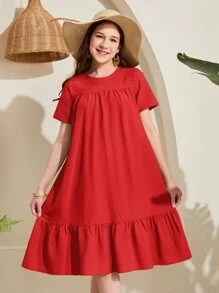 SHEIN Vestido casual de manga corta de unicolor con volantes para niñas adolescentes - Rojo - Ver 1