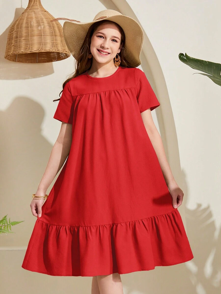 SHEIN Vestido casual de manga corta de unicolor con volantes para niñas adolescentes - Rojo - Ver 1