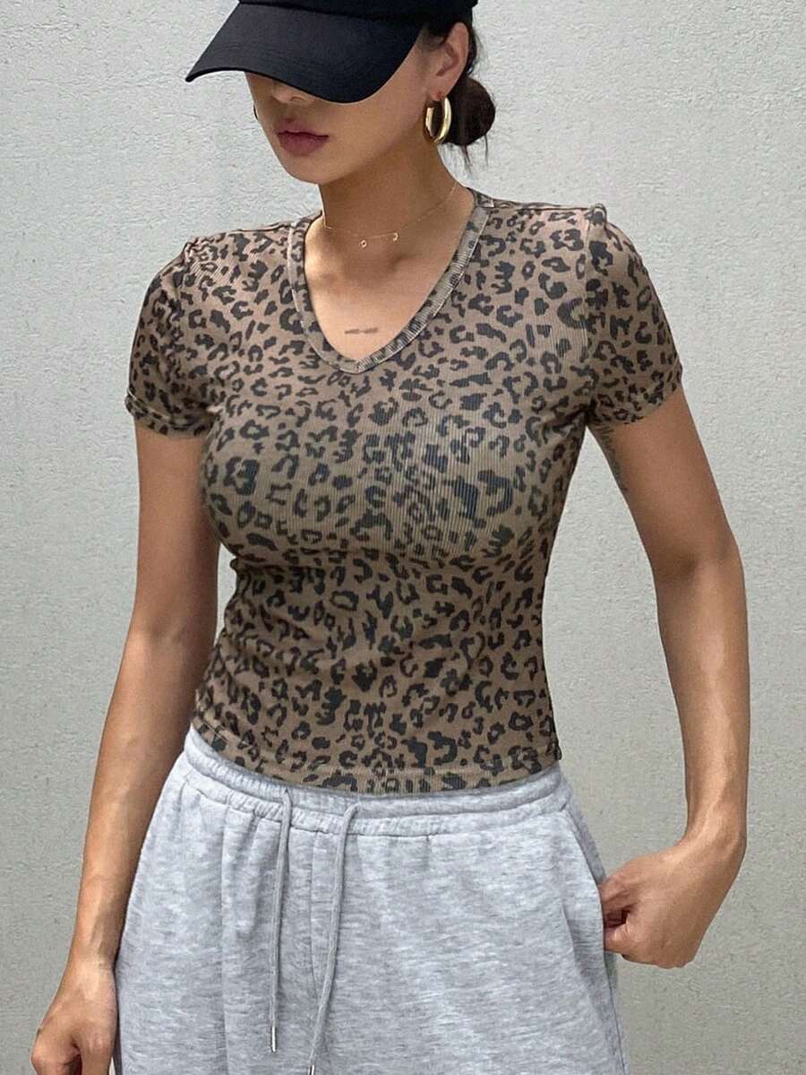 DAZY Women's All-Over Print V-Neck Short Sleeve T-Shirt, Summer Tee - Brown - View 1