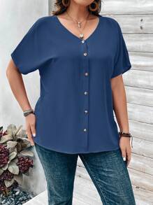 EMERY ROSE Plus Size Women's Blue Button Embellished Short Sleeve Shirt For Spring - Blue - View 6