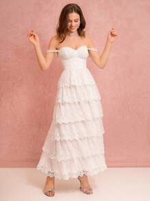 Enchnt 女士优雅纯色蕾丝高开叉露肩夏季连衣裙 - 白色 - 查看 5