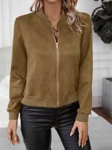 SHEIN Clasi Áo khoác nữ dài tay có dây kéo màu trơn phong cách tối giản - Màu Khaki - Xem 4