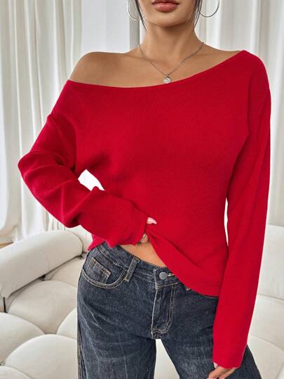 SHEIN SXY Women's Solid Asymmetrical Neckline Casual Long Sleeve Red Sweater Casual Party Elegant Home Sexy Autumn Winter Leisure Christmas Halloween New Year Asymmetrical Top