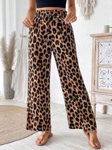 Chiquease Damskie spodnie z szerokimi nogawkami i wiązaniem w talii w panterkę - Brązowy - Zobacz 3